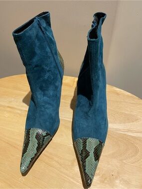 Teal Suede Ankle Booties with Snake-Print Pointed Toe